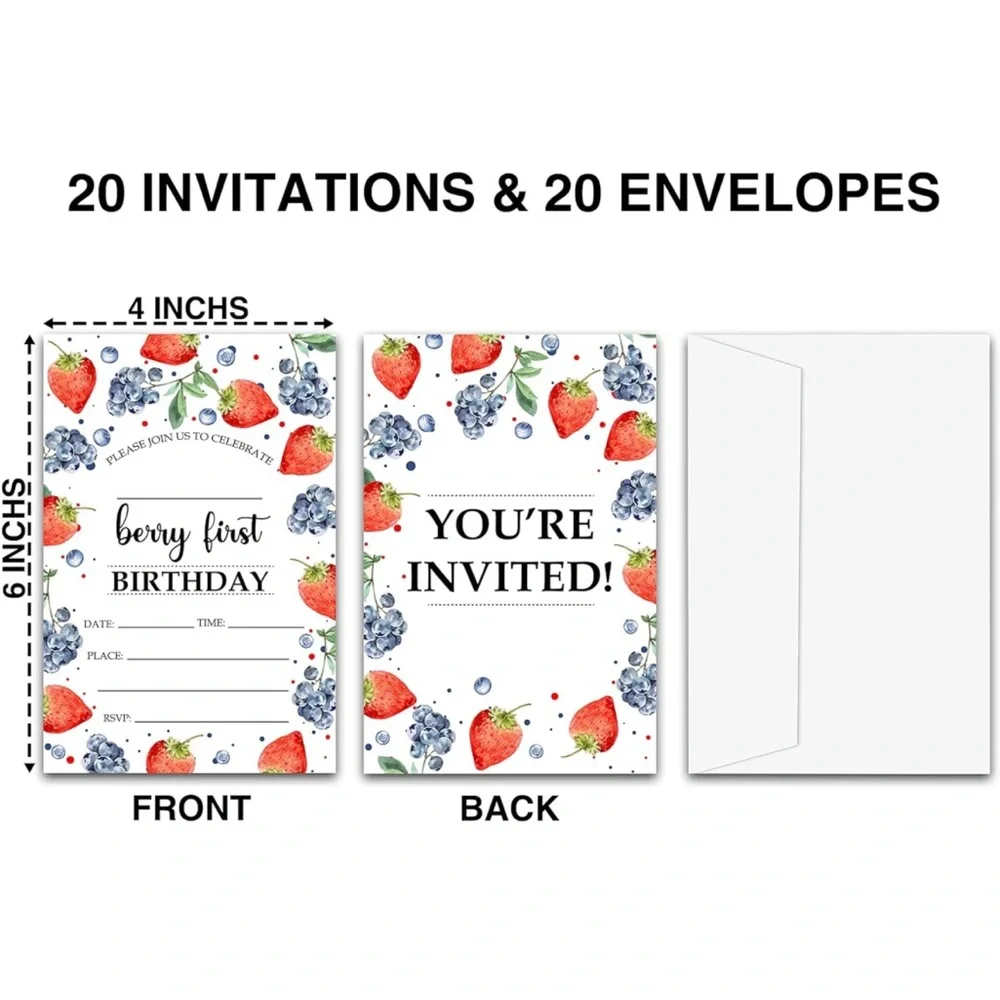 5for$10 Berry 1st Birthday Invitations, 20-Pack Double-sided Strawberry Party